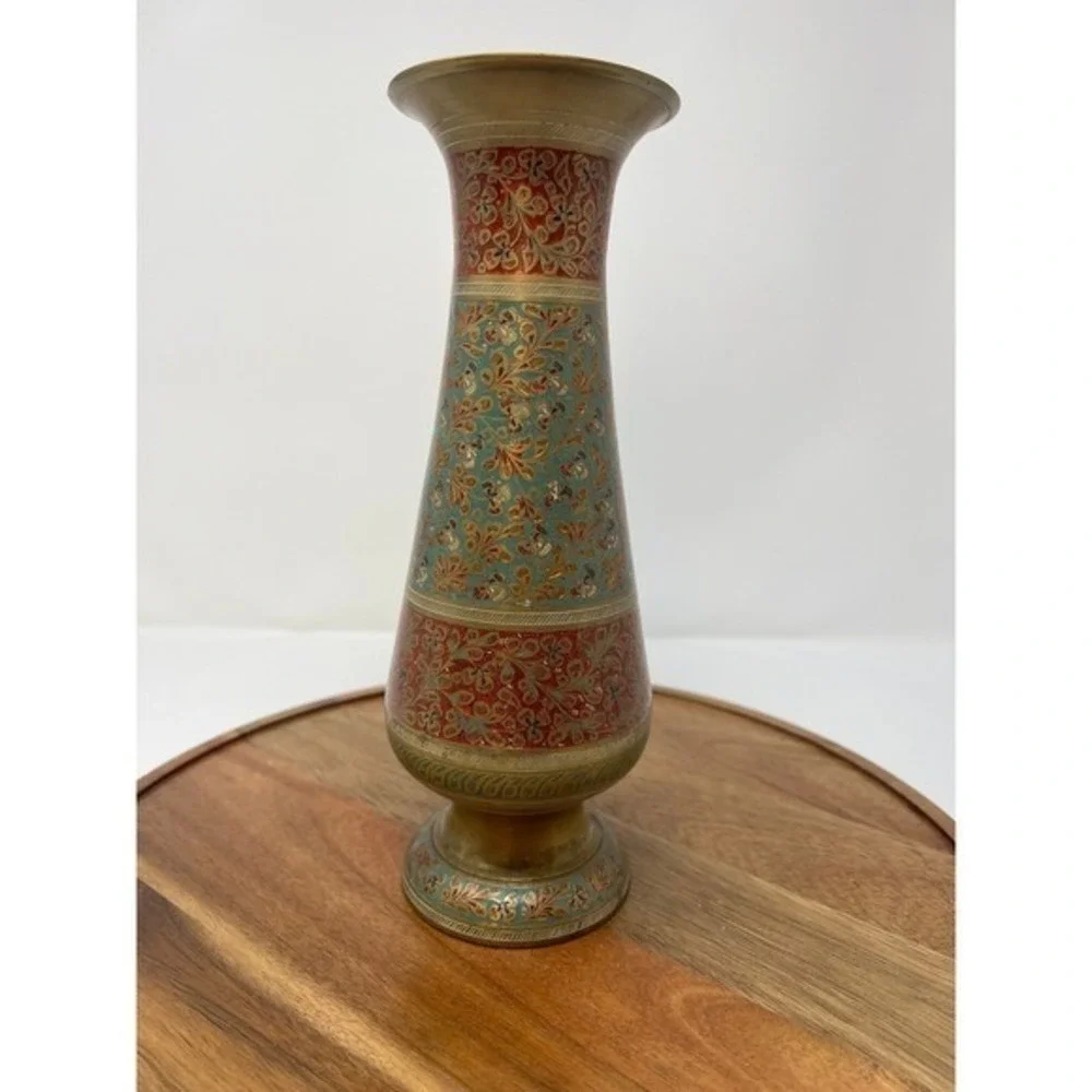 Vintage Brass Enamel Vase Red Teal‎ Floral Embossed Decorative Accent